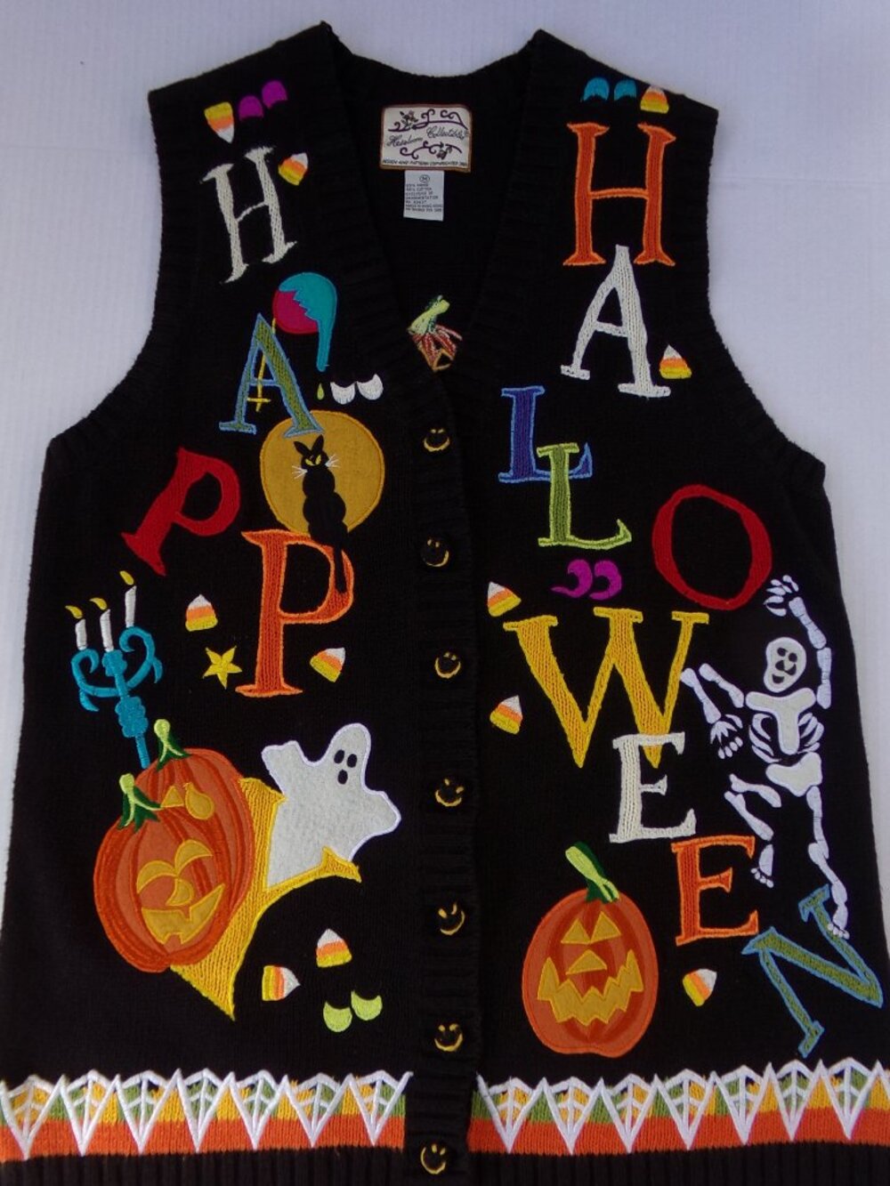 Vintage Halloween Jack O Lantern Skeleton Cat Moon Sweater Colorful Vest Medium